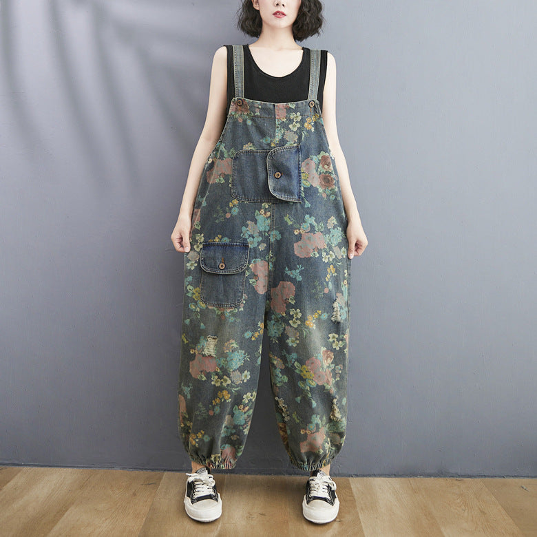 Western-style Large Denim Suspenders Loose Slimming One-piece Pants Women