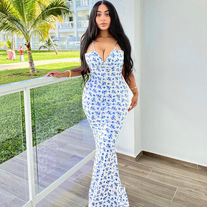 Vestido largo de verano con tirantes y estampado de flores, ajustado, sin espalda y con cordones para mujer