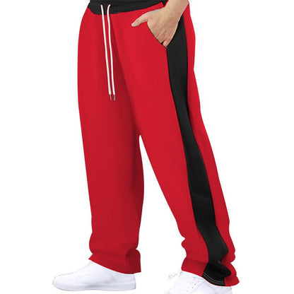 Stitching Contrast Color Loose Straight Drawstring Leisure Pants Men - BAGMODA