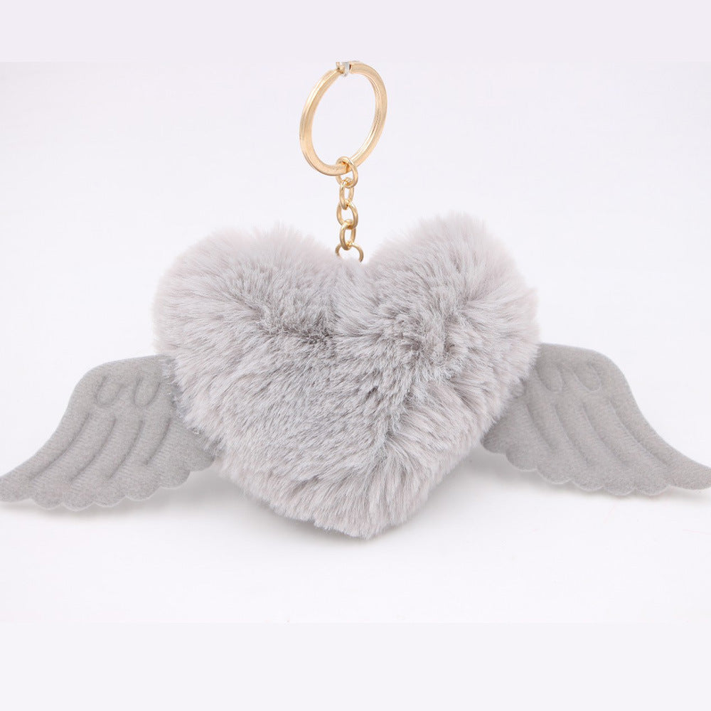 Peach Heart Wings Heart Wool Ball Keychain Pendant