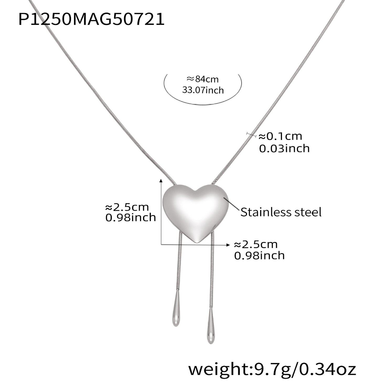 Stainless Steel Glossy Heart Pull-out Long Necklace