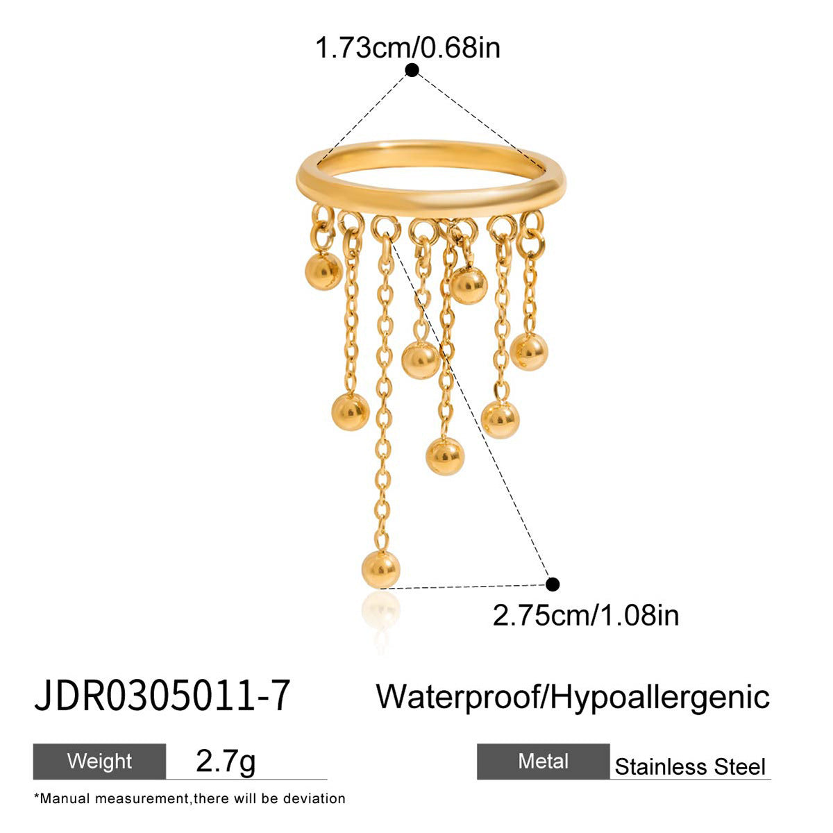 Design Sweet 18K Gold Handmade Steel Ball Tassel Stainless Steel Ring
