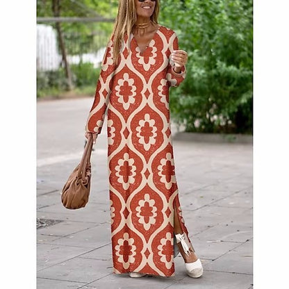 Vestido largo de verano con cuello en V y estampado geométrico, manga larga y aberturas para mujer