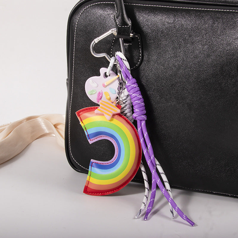 Ins Leather Cotton-filled Rainbow Palette Ornaments Braided Rope Handbag Pendant