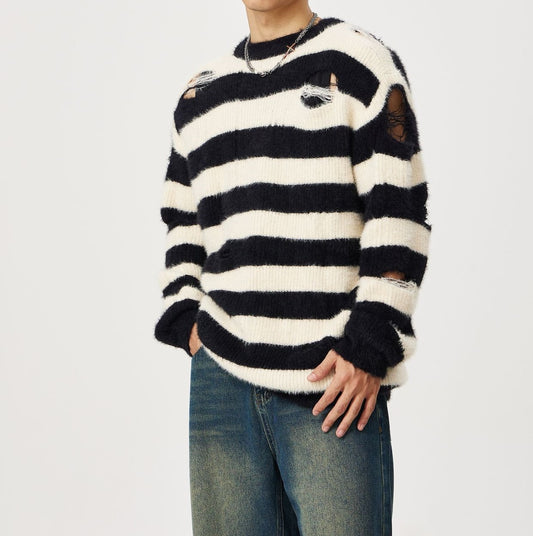 Men's And Women's Same Maychao Striped Round Neck Ripped Pullover Sweater