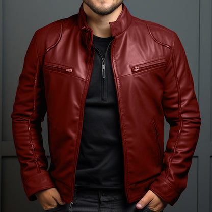 Chaqueta de cuero para motociclista con cuello alto para hombre