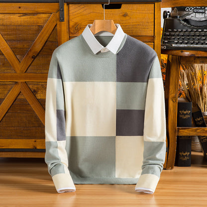Men's Fake Two-piece Color Stitching Turnover Neck Plaid