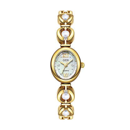 Reloj de pulsera Gedi de estilo nacional con esmeralda, atractivo, de nicho, de alta calidad, ligero, de lujo, con perlas de concha, exquisito reloj de cuarzo para mujer.