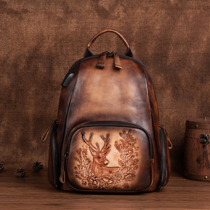 Retro polierte Deckschicht Rindsleder personalisierte Hirschkopf Rucksack