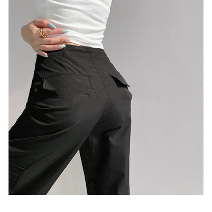 Pantalones de trabajo de cintura baja con cordón y bolsillos tridimensionales para mujer