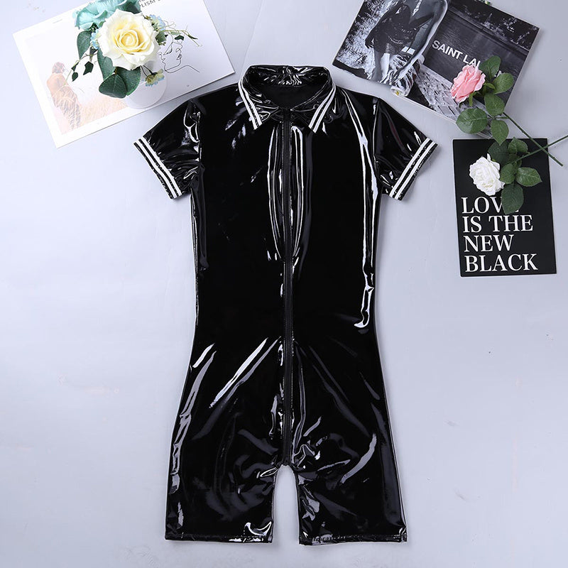 Stretch Bright Leather Faux Latex Patent Men's Shapewear Bodysuit