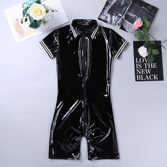 Stretch Bright Leather Faux Latex Patent Men's Shapewear Bodysuit