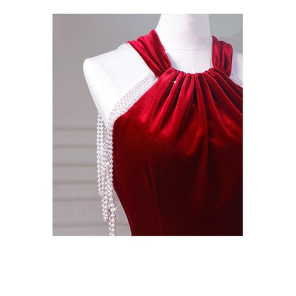 Vestido de cóctel de terciopelo con cola de pez para novia y compromiso