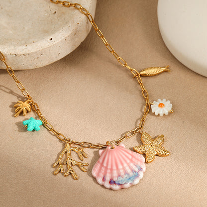 Collar estilo vacaciones océano con estrella de mar y concha de abanico, chapado en acero inoxidable de 18 quilates