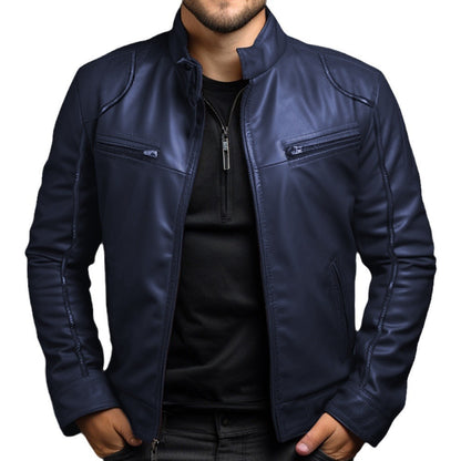 Chaqueta de cuero para motociclista con cuello alto para hombre