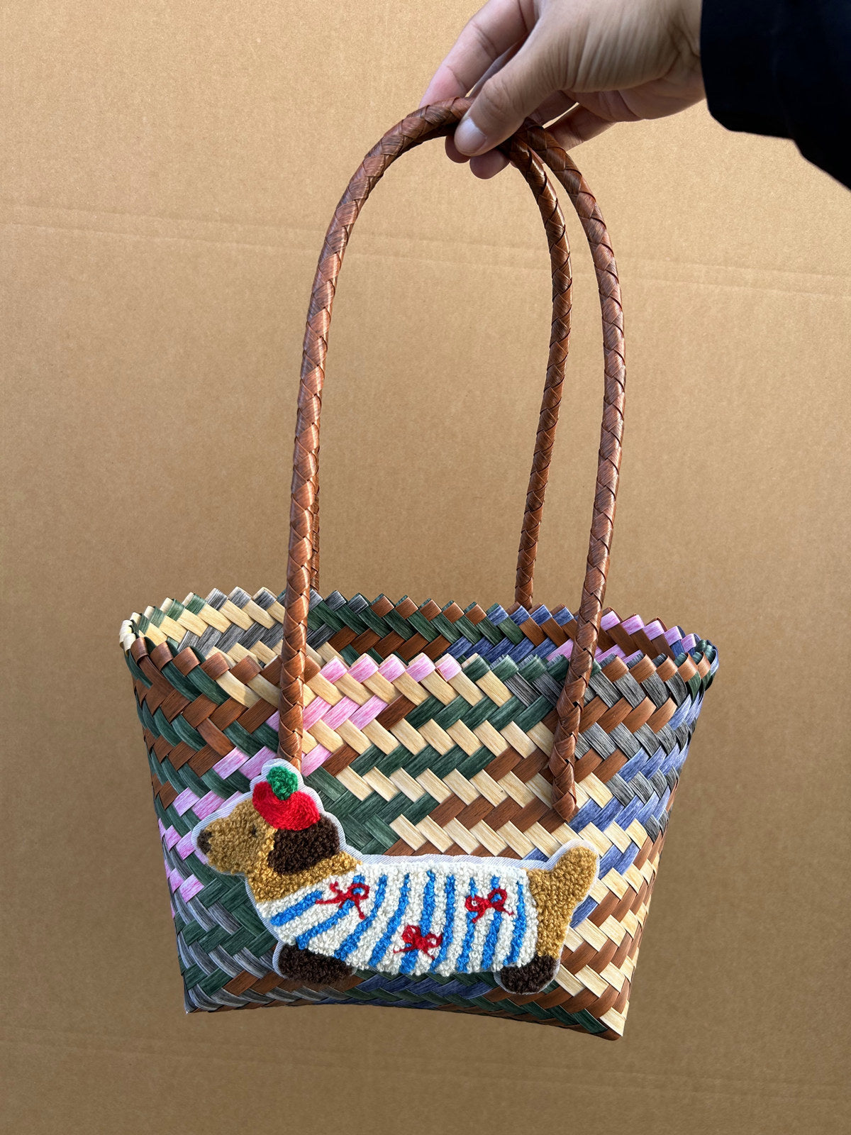 Vintage Stripe Sausage Dog Woven Bag