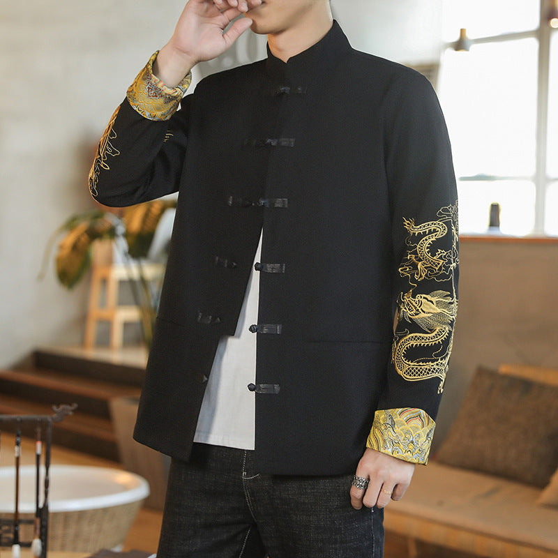 Chinese Style Men's Fashion Wear Jacket Stand Collar Buckle Turned Cuff Dragon And Phoenix Embroidery