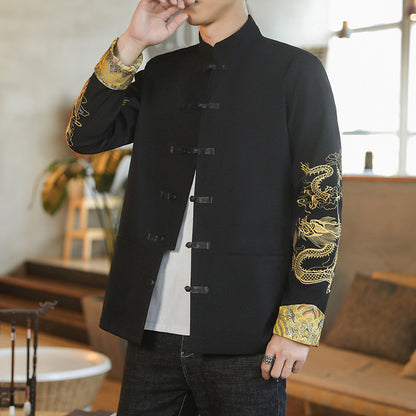 Chaqueta de moda masculina de estilo chino con cuello alto y hebilla con puños vueltos y bordado de dragón y fénix.