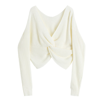 Suéter de manga larga con cuello en V para mujer, prenda de punto delantera y trasera
