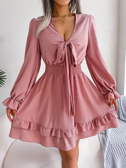 Vestidos de verano de color liso con escote en V y manga larga para mujer, vestido sexy de corte A con cuello en V y cordones, vestido de playa para mujer