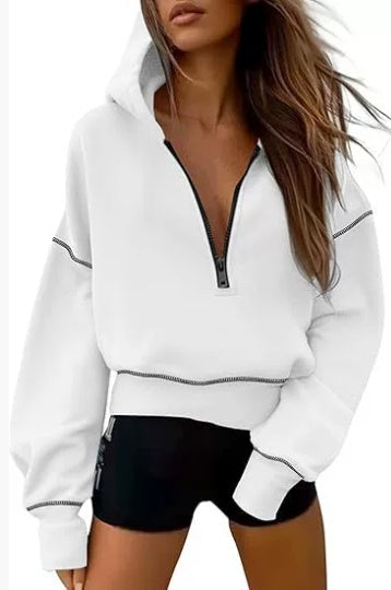 Sudadera con capucha, manga larga, media cremallera, sudadera corta, moda informal para mujer, otoño e invierno