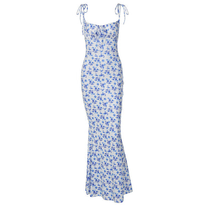Vestido largo de verano con tirantes y estampado de flores, ajustado, sin espalda y con cordones para mujer