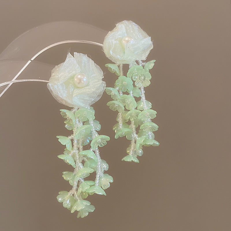 Silver Needle Fabric Flower Pendant Earrings For Women
