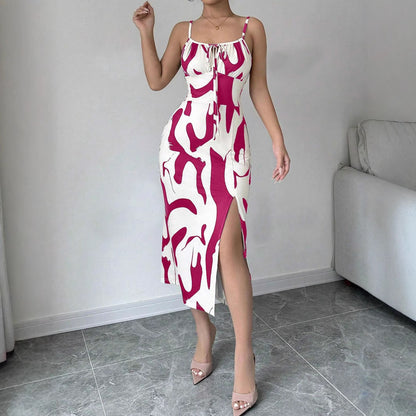 Vestido largo ajustado con cordones y estampado de verano para mujer