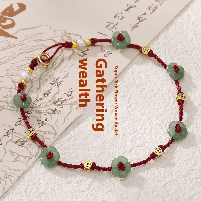 Pearl Anklet Bracelet Woven Red Rope