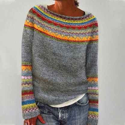 Suéter de punto holgado multicolor con cuello redondo para mujer