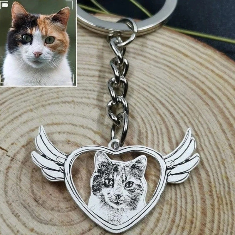 Pet Keychain Stainless Steel Material Heart Wings Dog Cat Commemorative Gift
