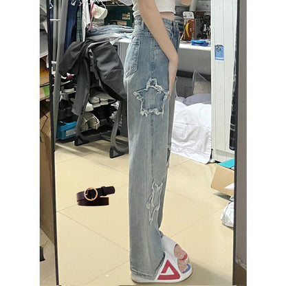 Pantalones vaqueros azules bordados XINGX para mujer, holgados, rectos y de pierna ancha