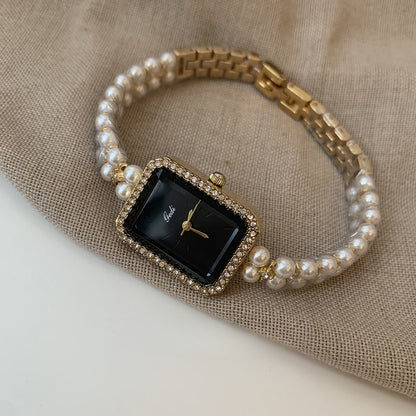 Silber Schwarz Quadrat Perle Armband Diamant Mode Quarzuhr