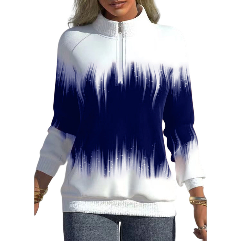 Gradient Color Print Neck Zipper Long Sleeve Winter Half-Turtleneck Sweatshirt
