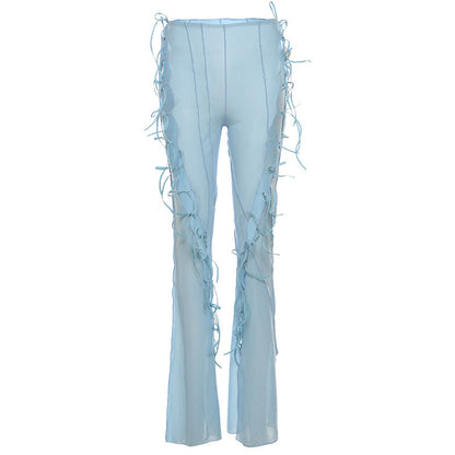 High Waist Straight Micro-Flare Hollow Lace-Up Mesh Casual Pants