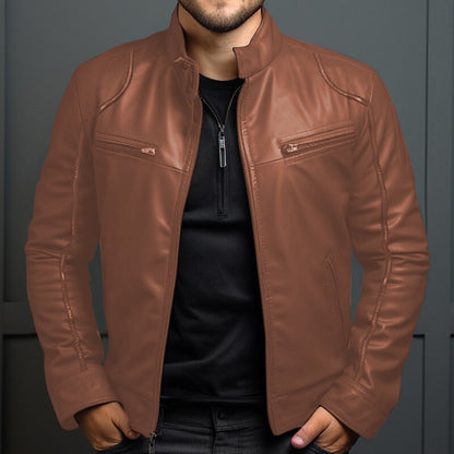 Chaqueta de cuero para motociclista con cuello alto para hombre