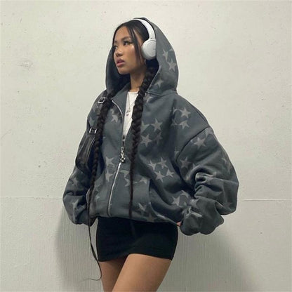 Cárdigan con capucha y cremallera con estampado de estrellas para parejas, ropa de abrigo de moda, sudadera con capucha, abrigo de calle para hombres y mujeres