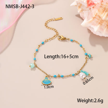 Collar de hilo de cuentas de colores, pendientes y pulsera de acero inoxidable