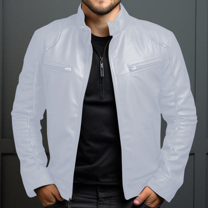 Chaqueta de cuero para motociclista con cuello alto para hombre
