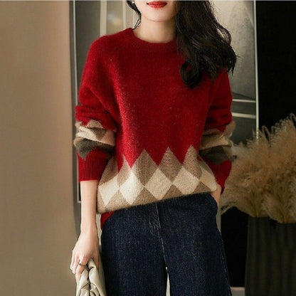 Suéter suelto de punto con cuello redondo rojo navideño para mujer