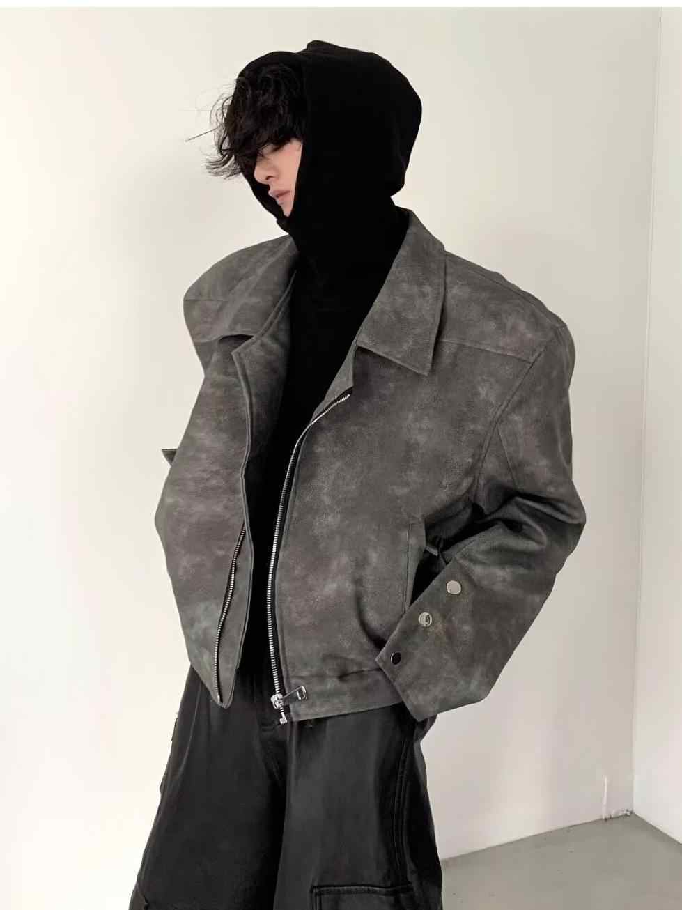Short Padded Shoulder Brown Leather Coat Men's Pilot Jacket