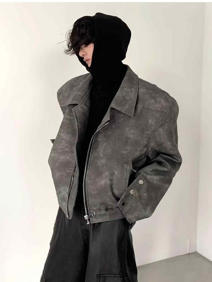 Chaqueta de piloto de cuero marrón con hombros acolchados cortos para hombre