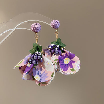 Pendientes colgantes de flores de tela con aguja de plata para mujer