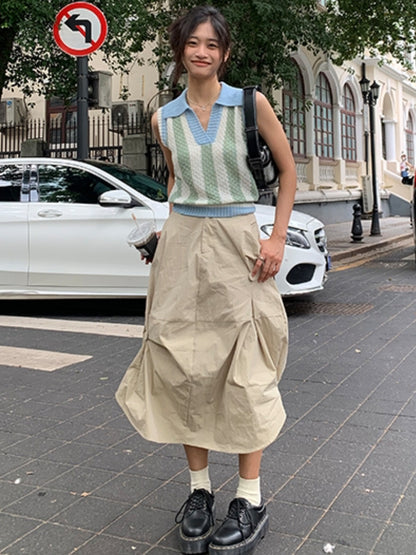 Jersey de punto sin mangas con cuello polo y rayas de colores en contraste para mujer