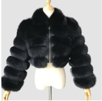 Chaqueta ligera de lujo para mujer con solapa de imitación de piel de zorro y manga larga con costuras