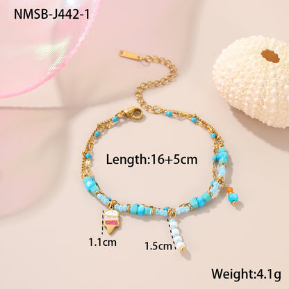 Collar de hilo de cuentas de colores, pendientes y pulsera de acero inoxidable
