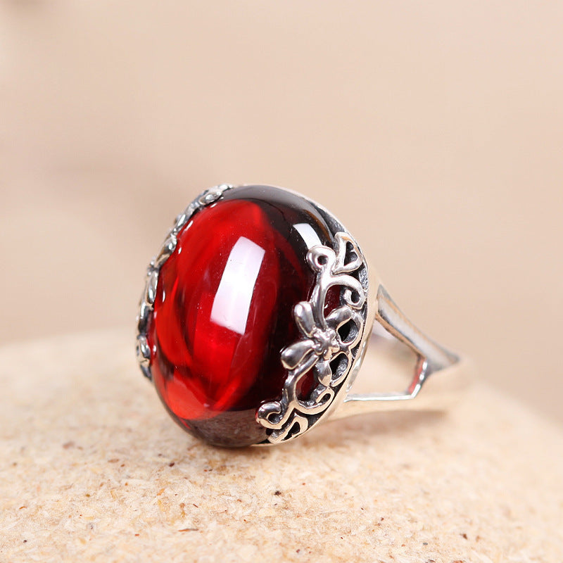 Open Ring Chalcedony Big Gem Red Garnet Personality