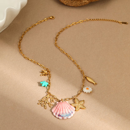 Collar estilo vacaciones océano con estrella de mar y concha de abanico, chapado en acero inoxidable de 18 quilates