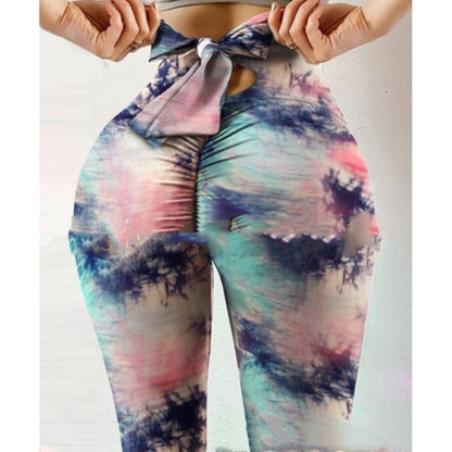 Pantalones de yoga con cinturón de lazo estampado para mujer