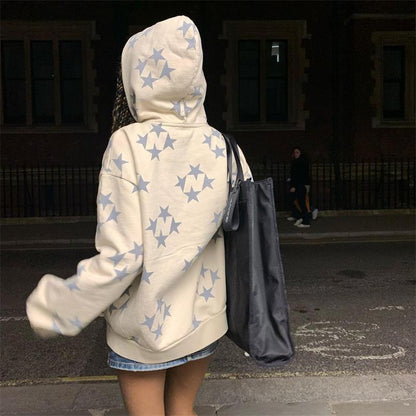 Cárdigan con capucha y cremallera con estampado de estrellas para parejas, ropa de abrigo de moda, sudadera con capucha, abrigo de calle para hombres y mujeres